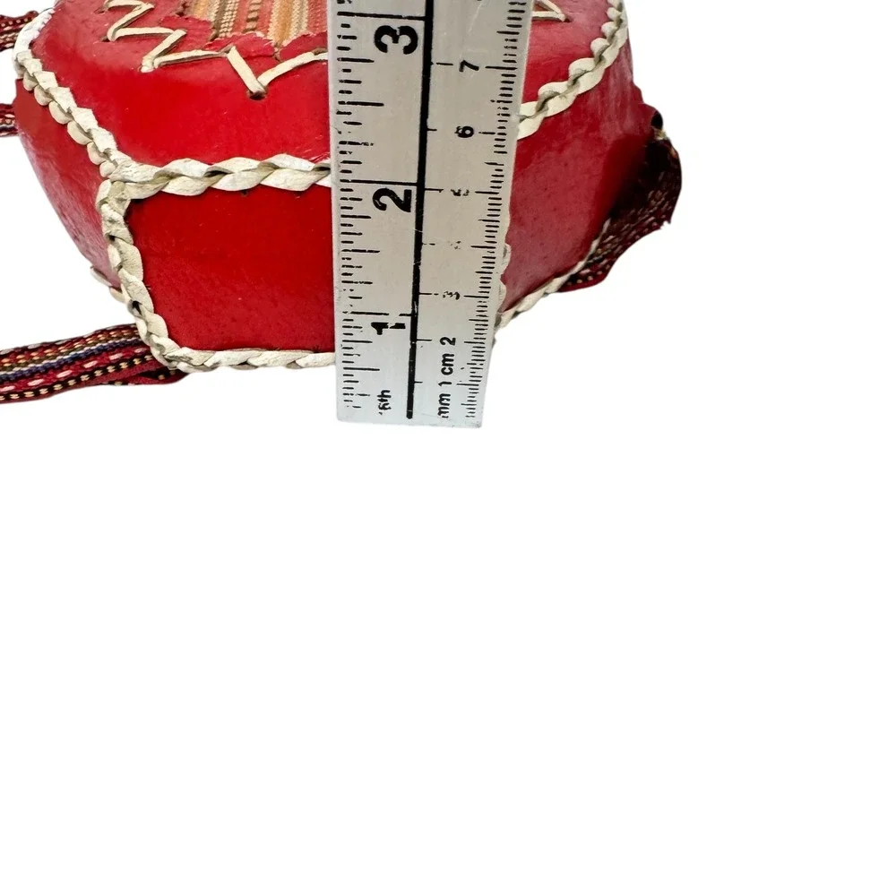 Vintage Red Leather Wrapped Glass Canteen Woven Strap Southwestern Folk Art Boho